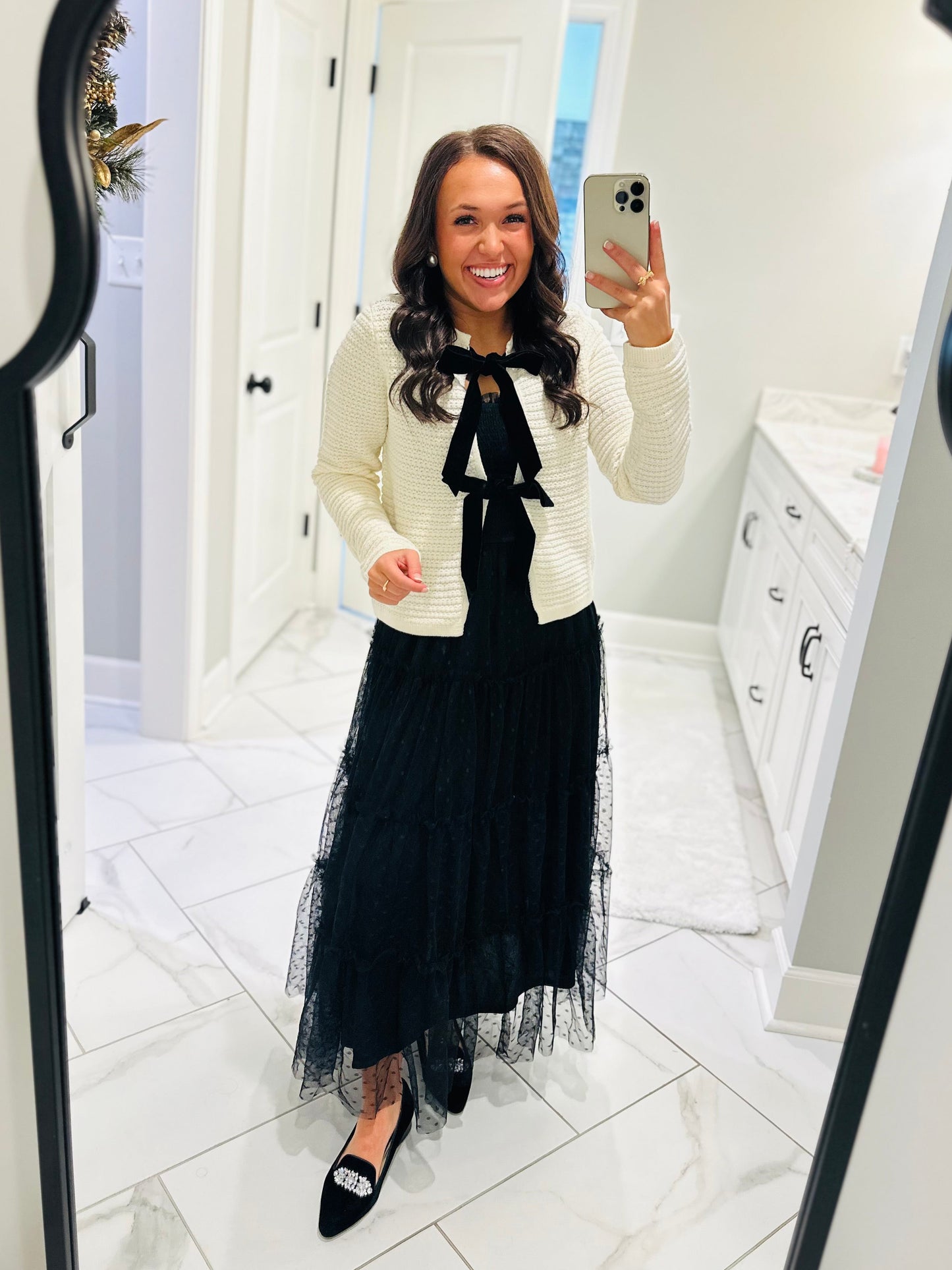 The Sofia Cream + Black Velvet Bow Cardigan