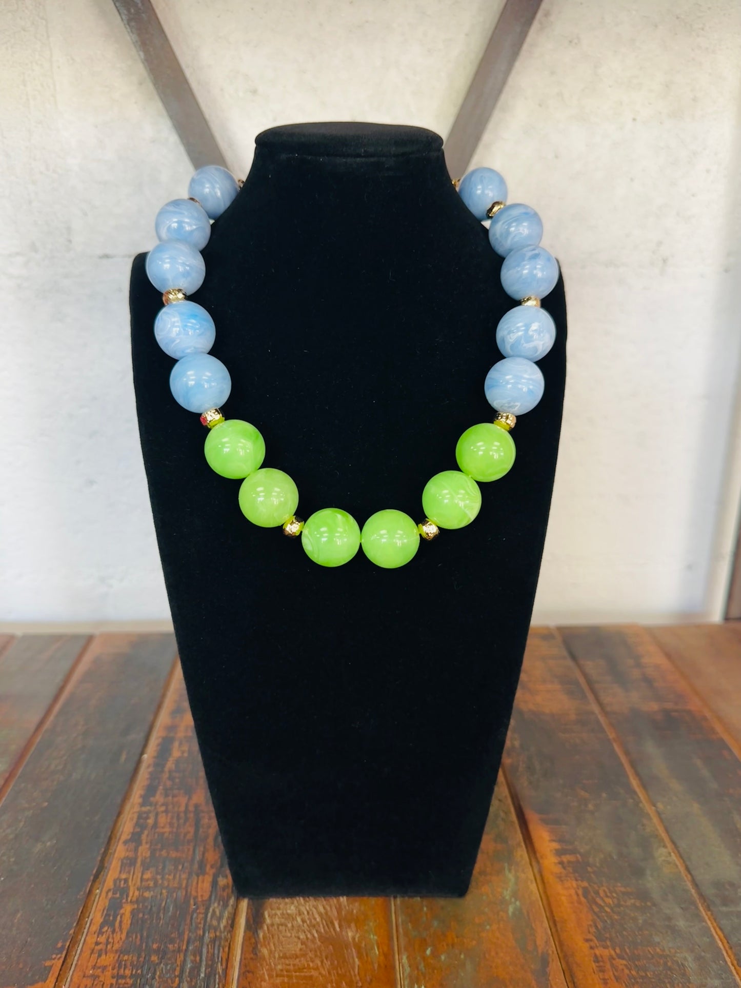 Blue + Lime Green Acrylic Beaded Ball Necklace