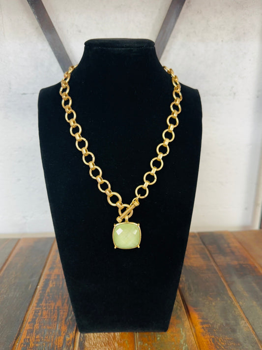 Olive Green Square Stone Pendant Necklace