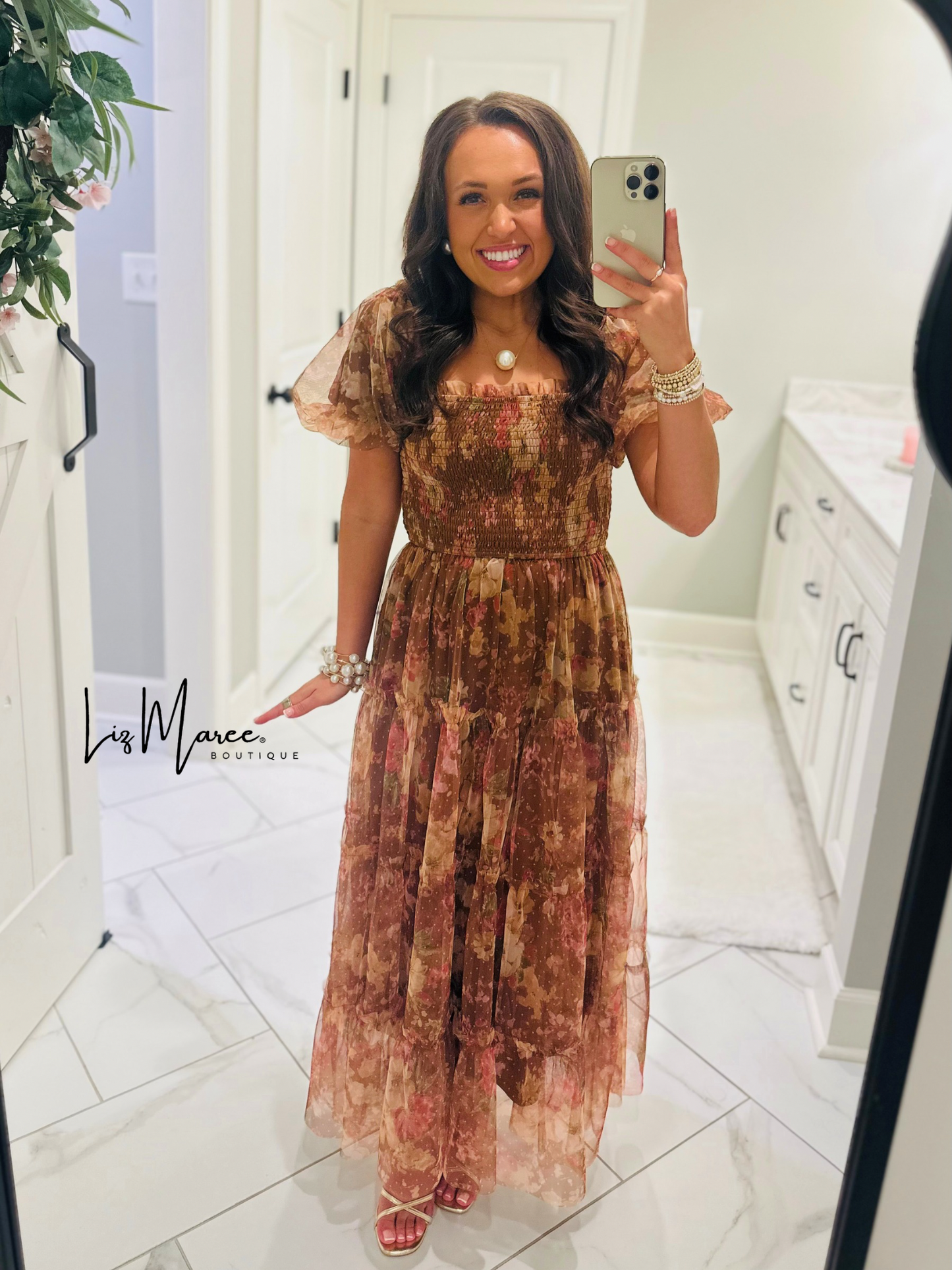 The Halston Light Brown Floral Polka Dot Midi Dress