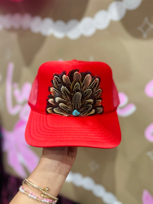 Red Feather + Turquoise Stone Trucker Hat