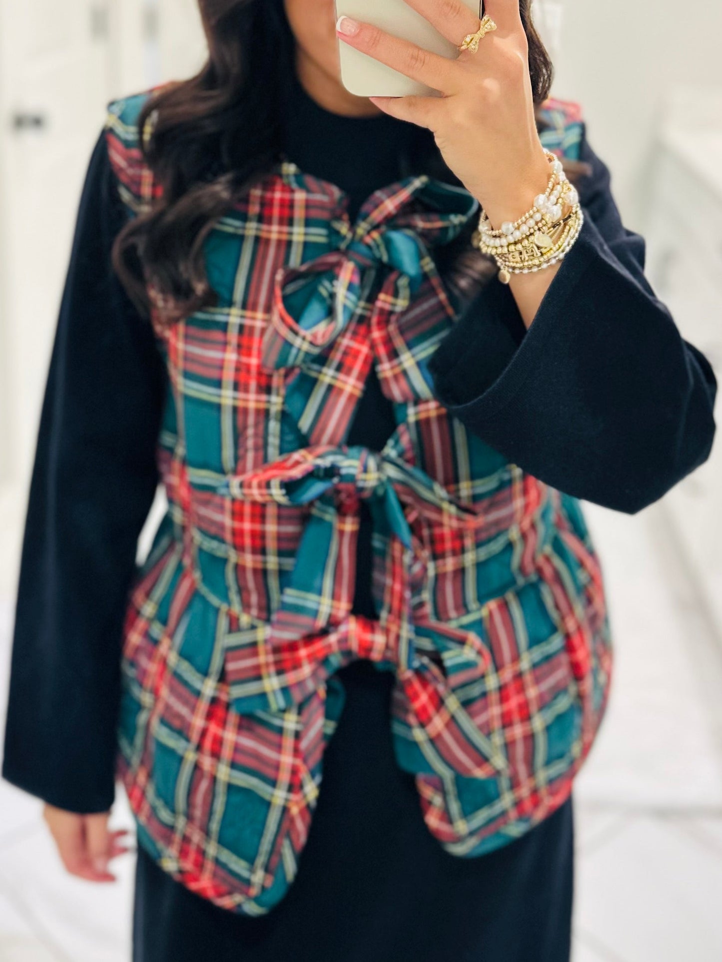 The Charity Green Plaid Quilted Bow Vest