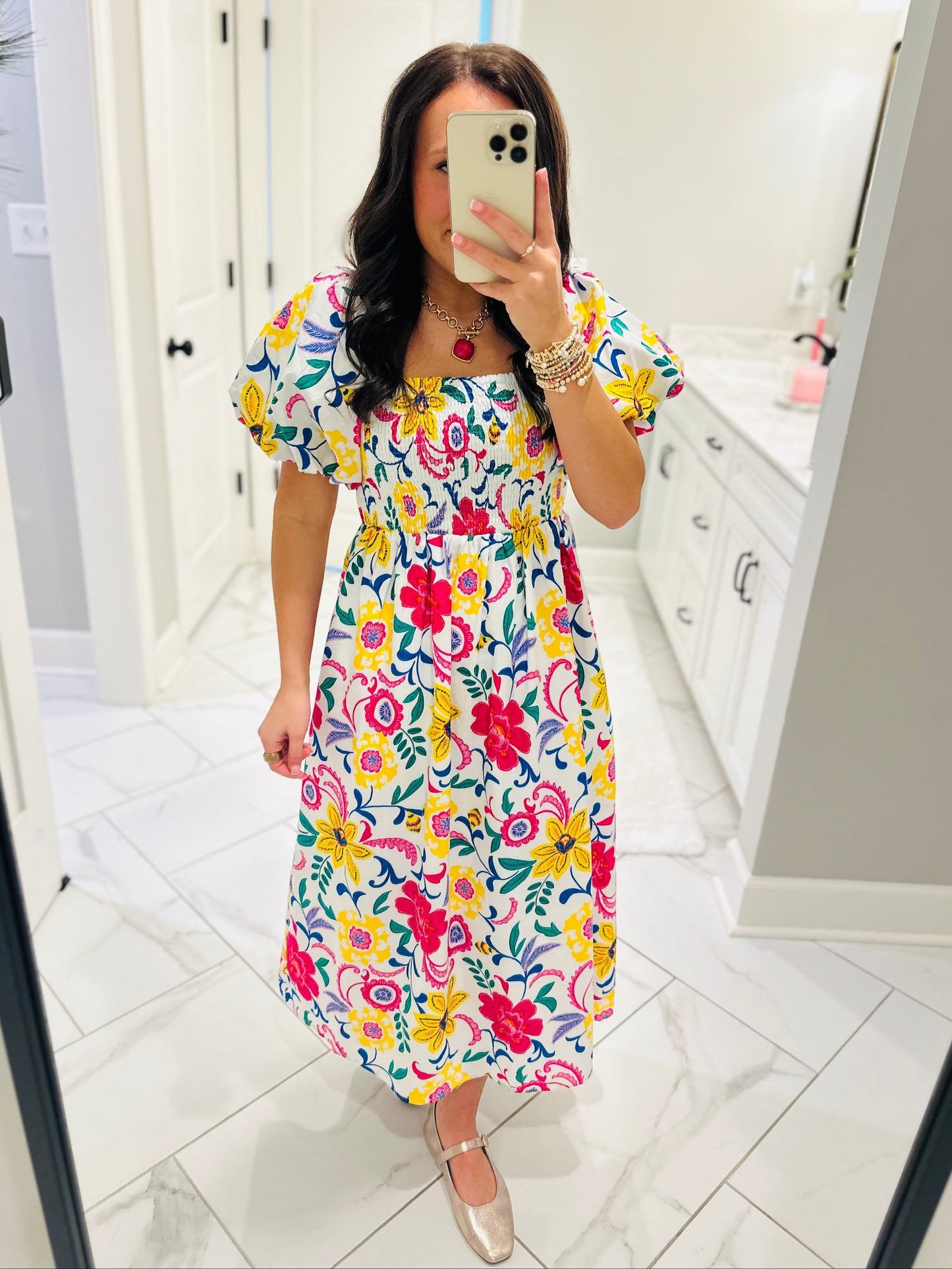 The Kes White Floral Smocked Midi Dress