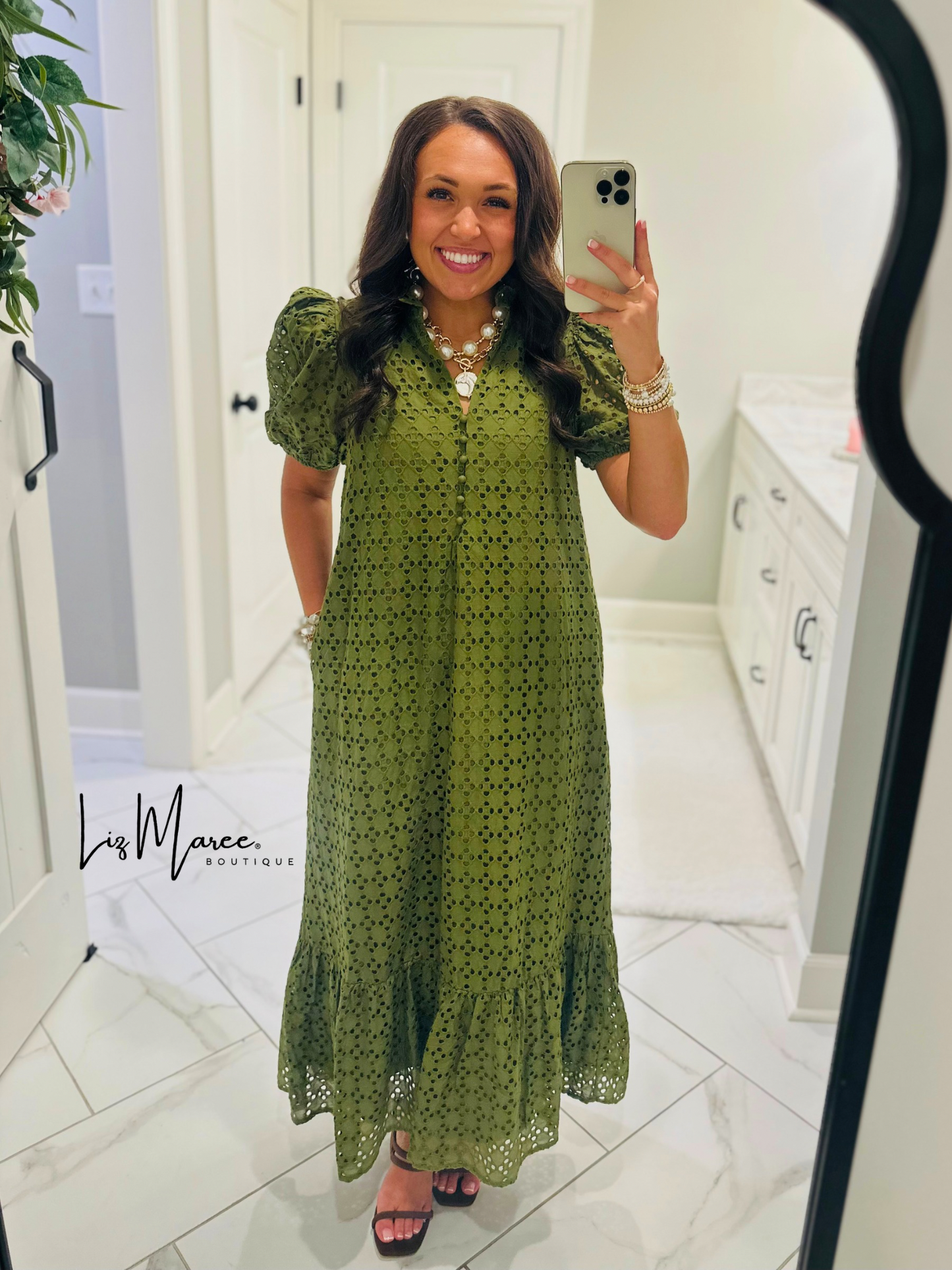 The Liz Olive Green Eyelet Midi Dress