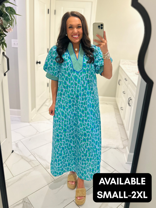 The Elle Green Leopard Midi Dress