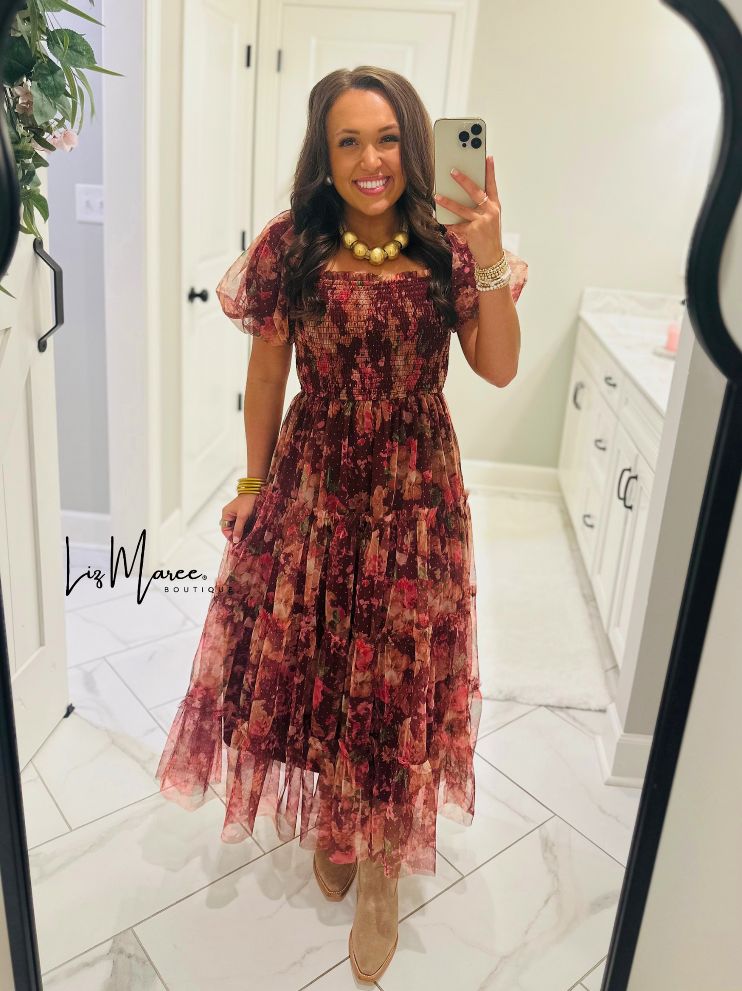 The Halston Burgundy Floral Polka Dot Midi Dress