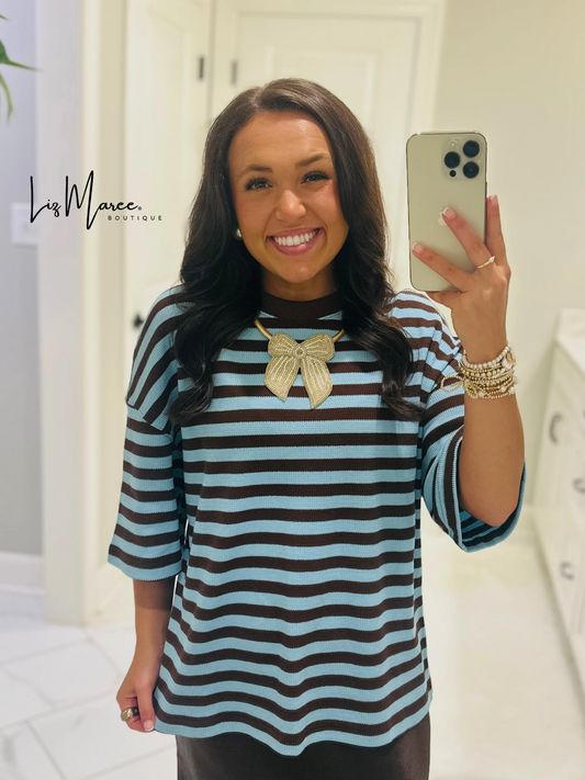 The Everly Blue + Brown Striped Knit Top
