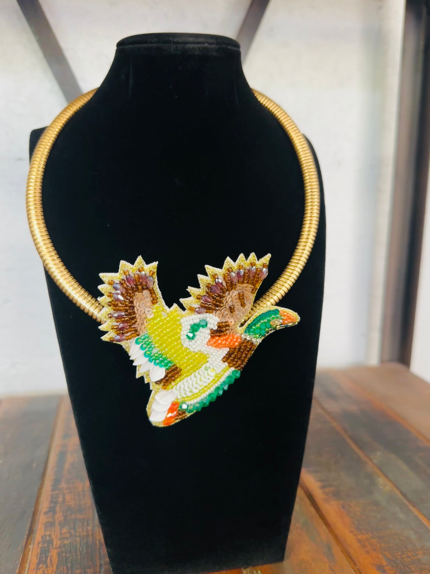 Green + Brown Mallard Beaded Collar Necklace