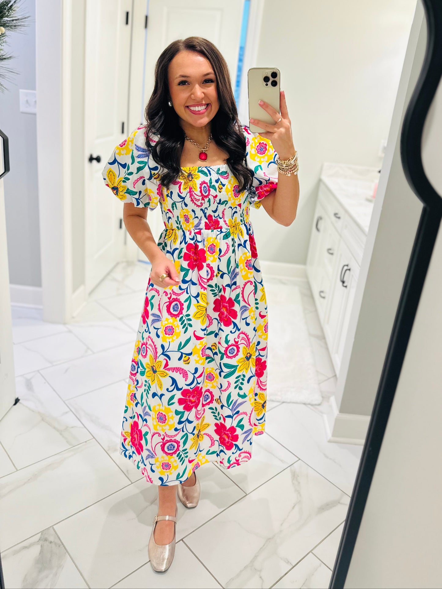 The Kes White Floral Smocked Midi Dress