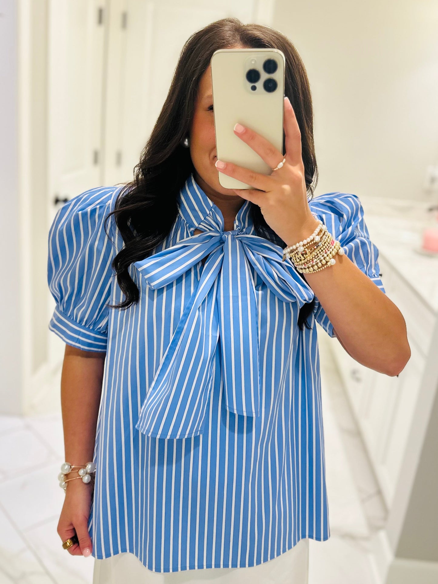 The Hadlee Blue Striped Bow Top