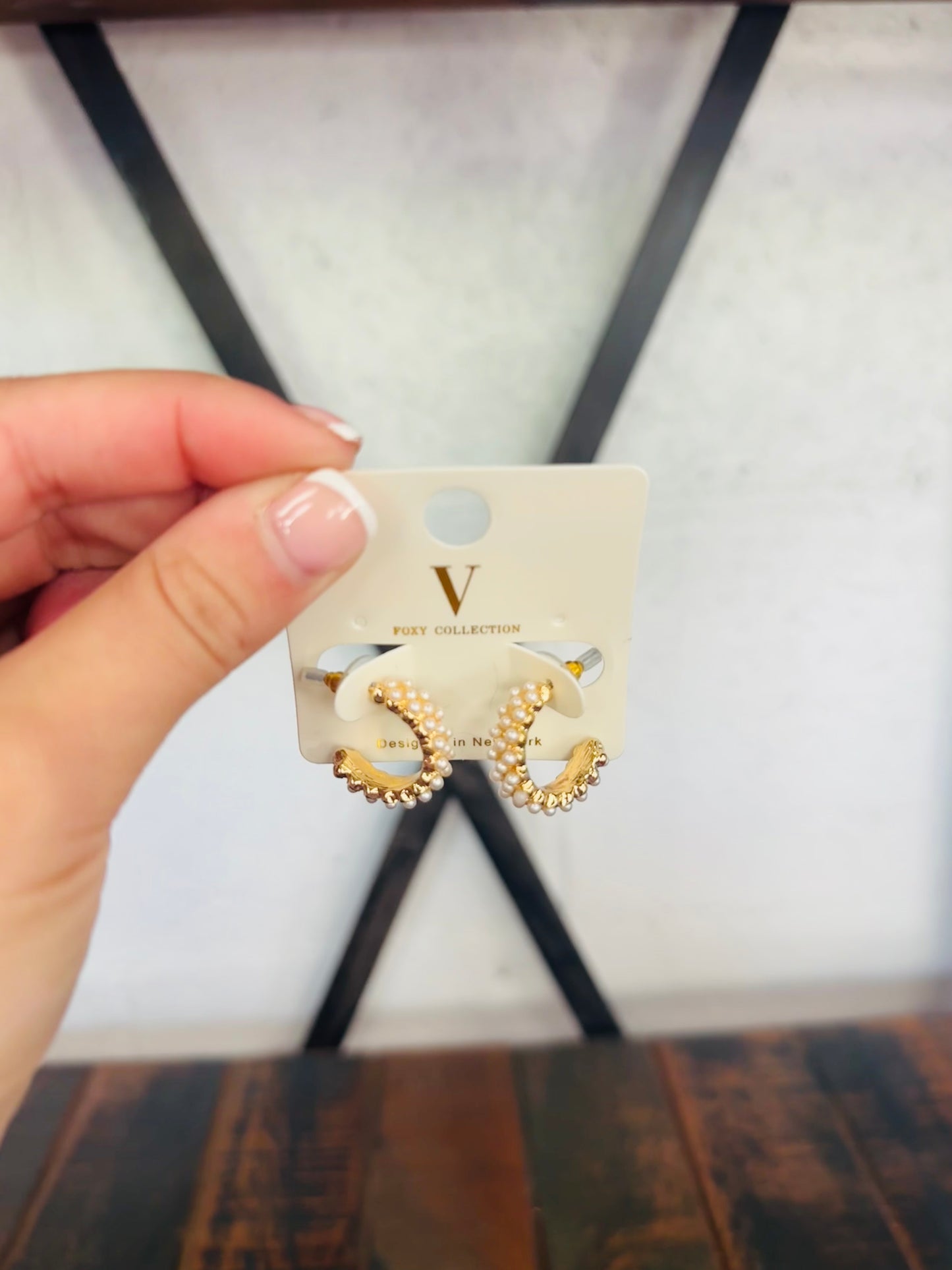Cream + Gold Pave Pearl Hoops