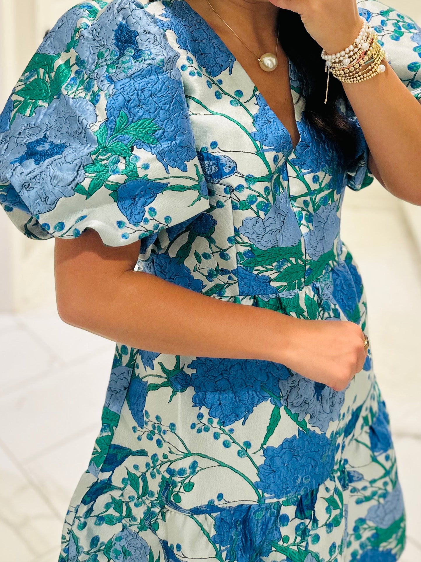 The Willa Blue Floral Jacquard Dress