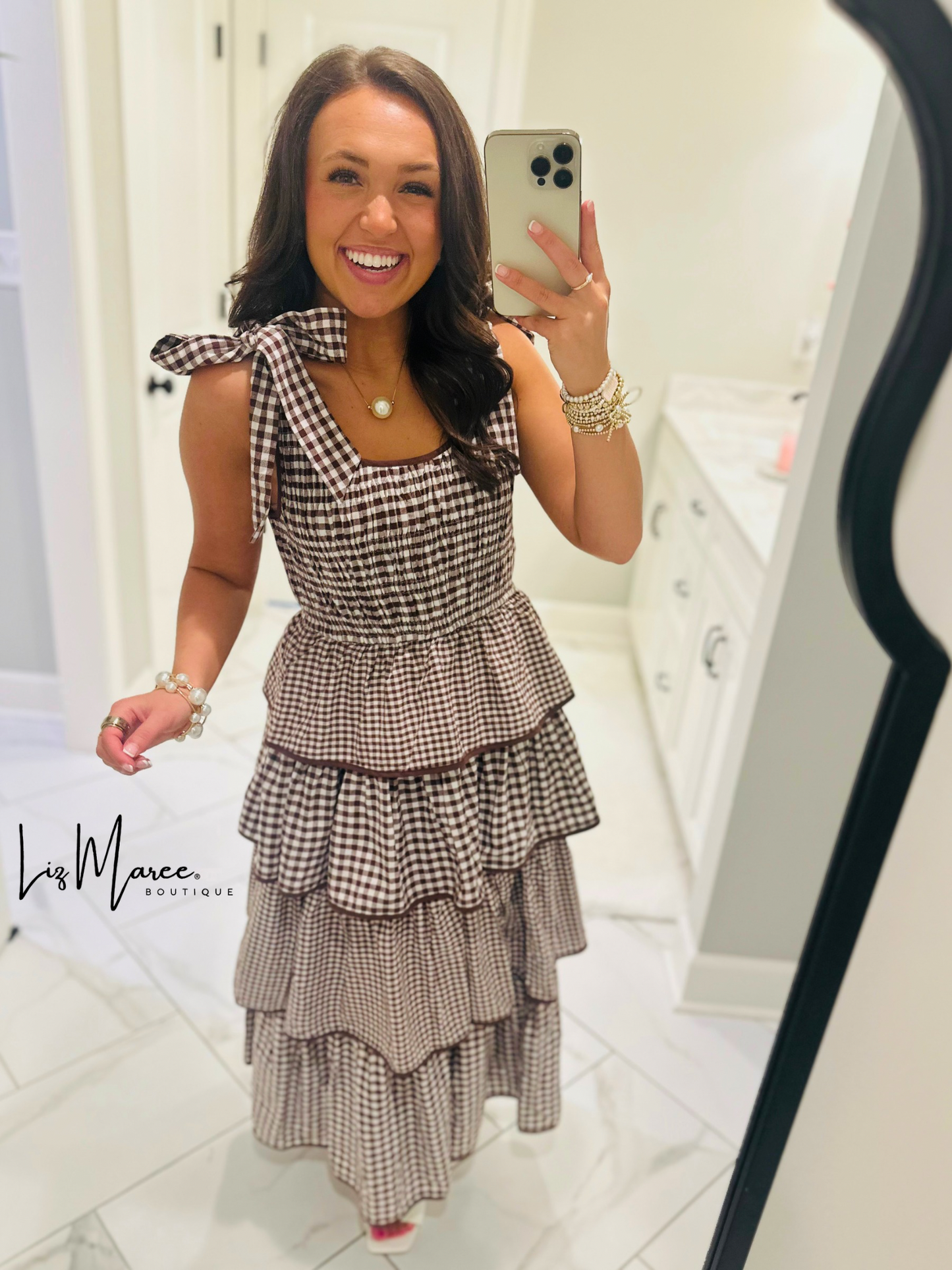 The Kacie Brown Gingham Tiered Ruffle Midi Dress
