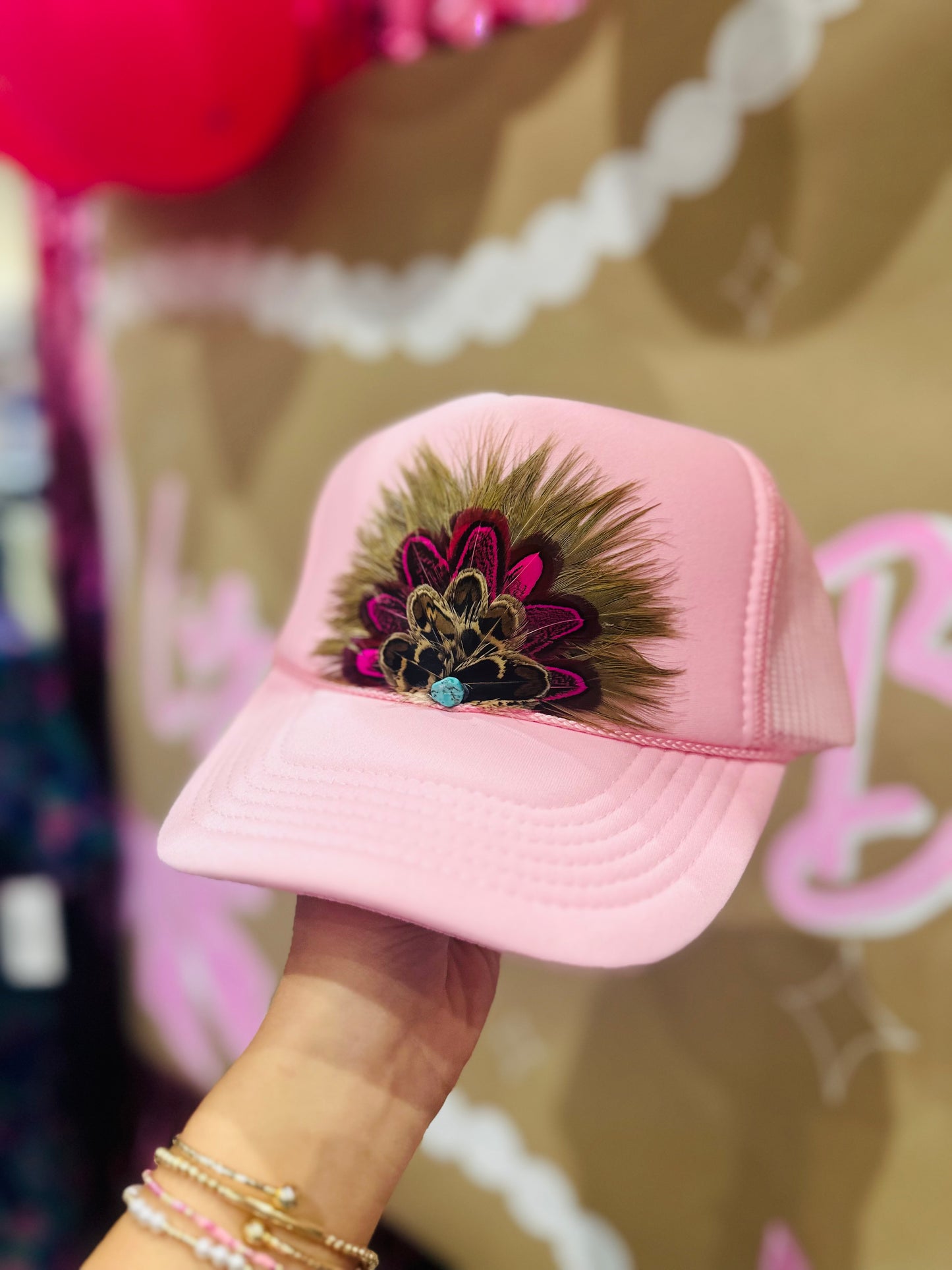 Baby Pink Feather Trucker Hat
