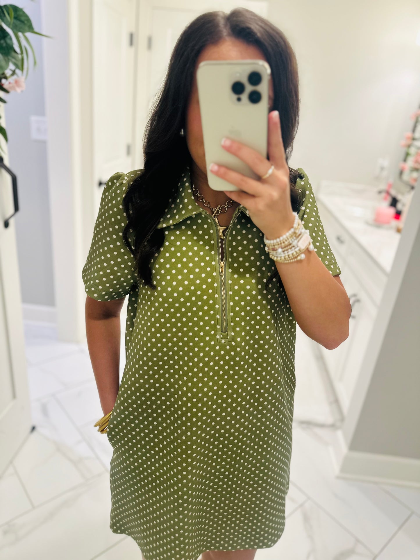 The Hadley Olive Green Polka Dot Quarter Zip Dress
