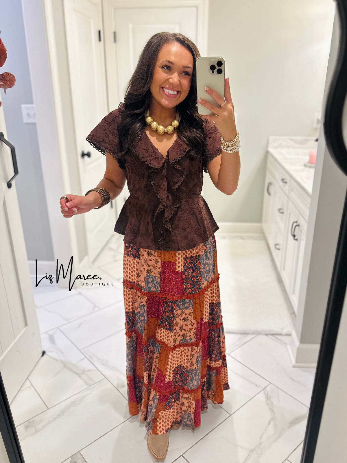 The Lillian Brown Embroidered Floral Peplum Top