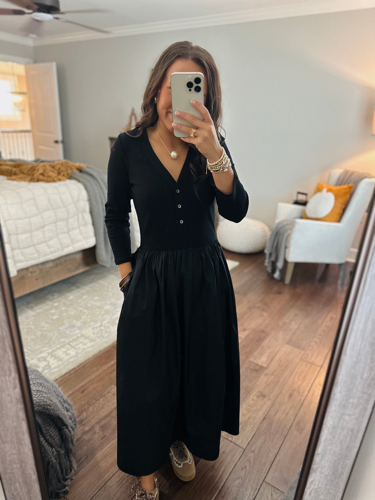 The Shelley Black Mix Knit Midi Dress