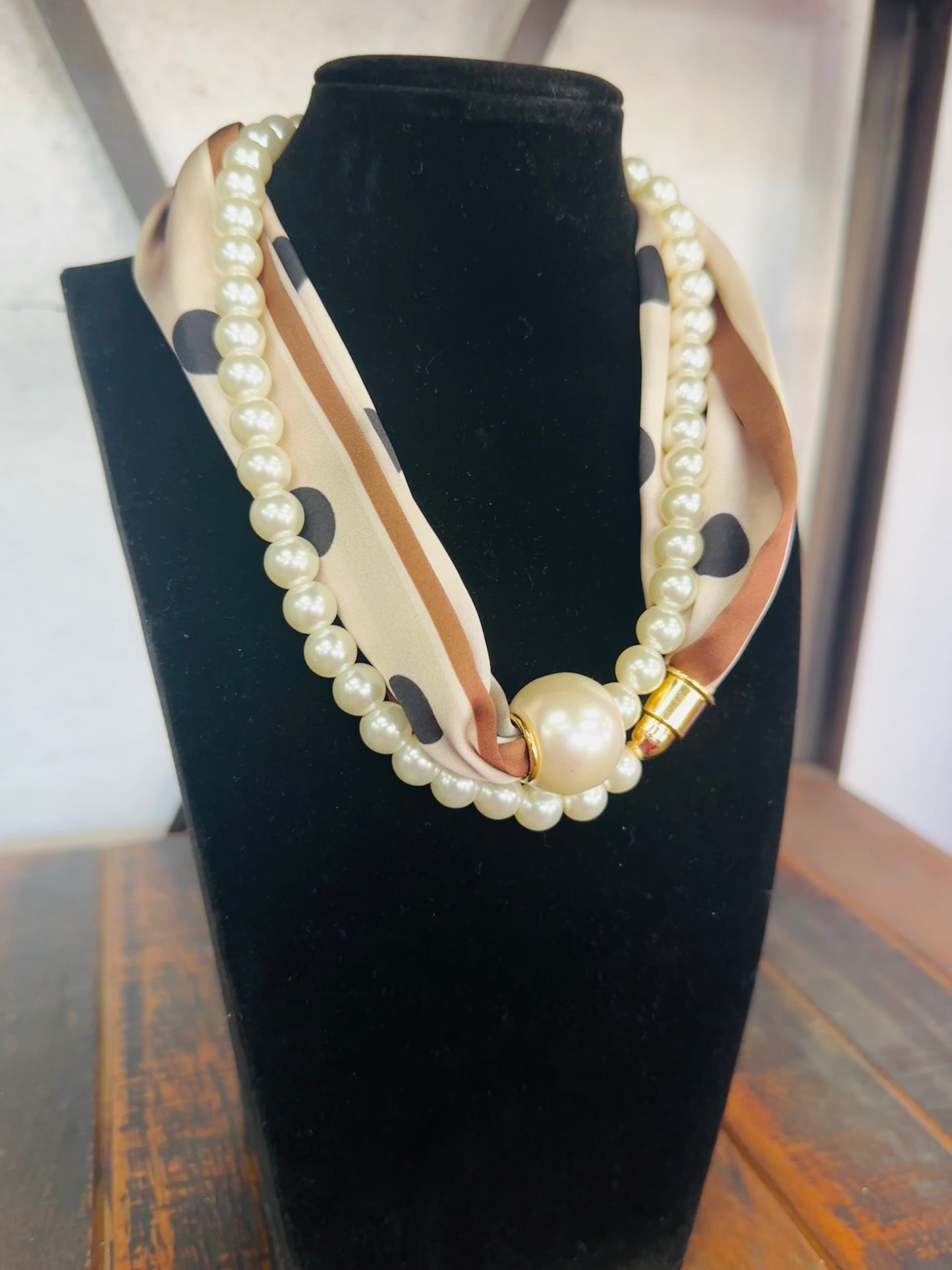 Brown + Cream Polkadot Pearl Layered Scarf Necklace