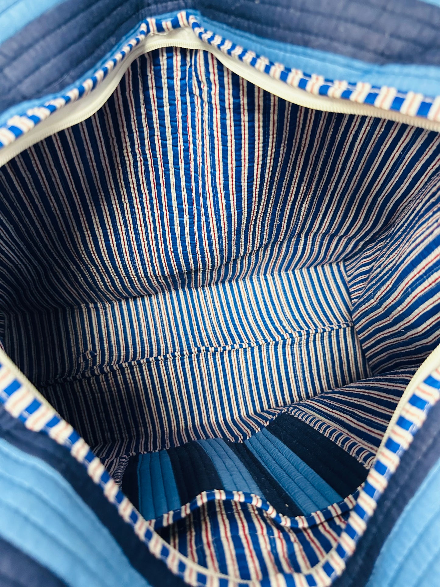 The Navy + Light Blue Striped Quilted Tote Bag