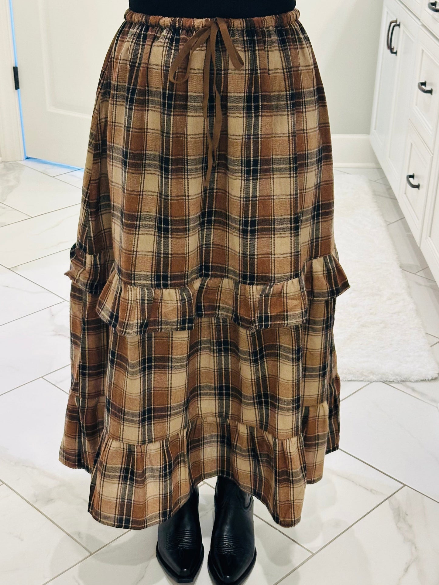 The Raine Mocha Plaid Ruffle Tiered Midi Skirt