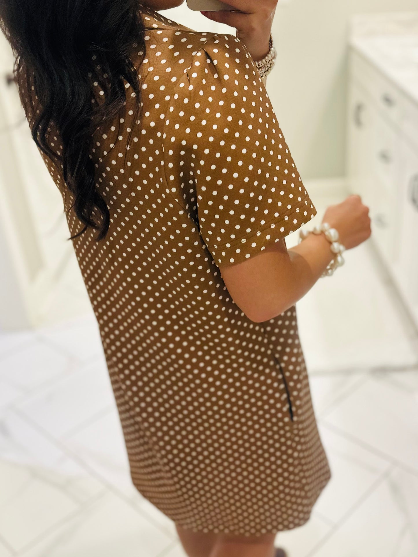 The Hadley Caramel Brown Polka Dot Quarter Zip Dress
