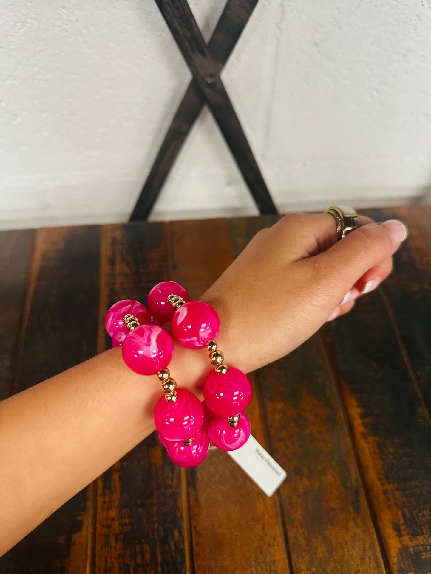 Fuchsia + Gold Marble Ball Bracelet Set