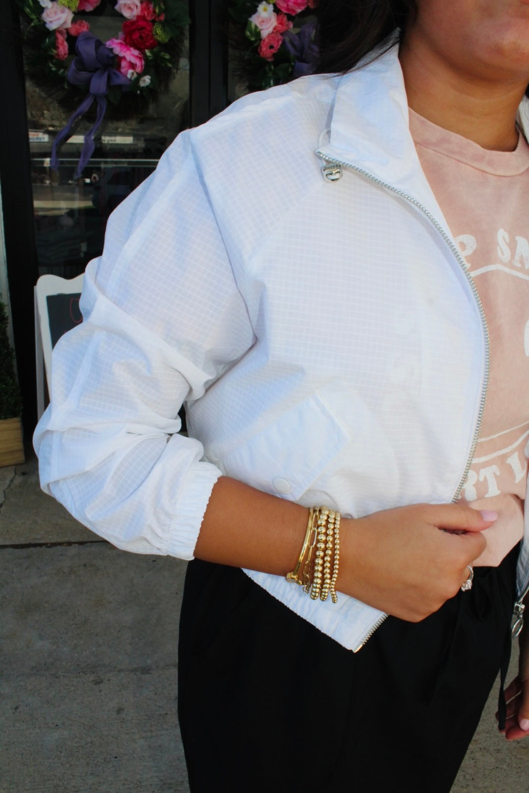 White Cropped Bomber Jacket