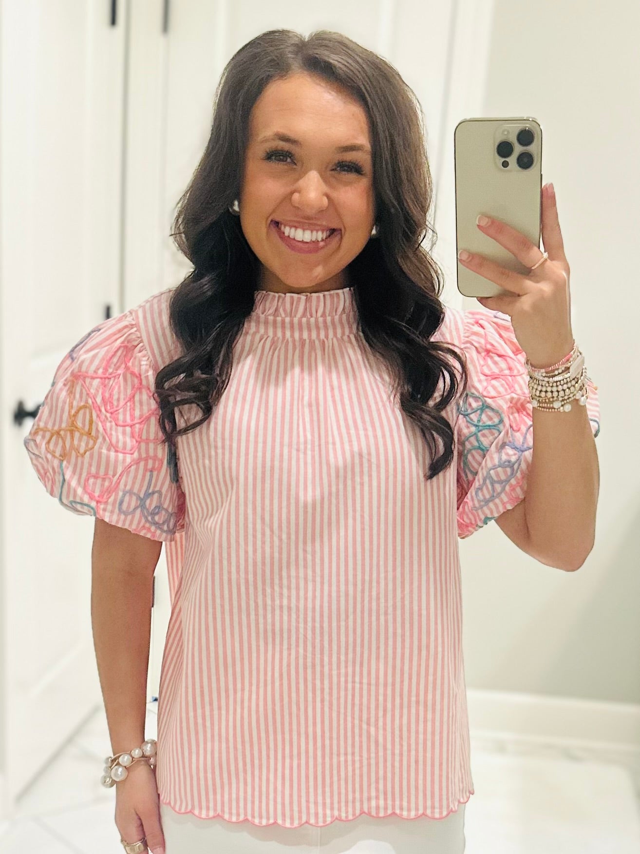 The Madi Rose Pink Striped Bubble Sleeve Top