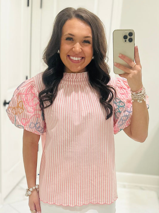 The Madi Rose Pink Striped Bubble Sleeve Top