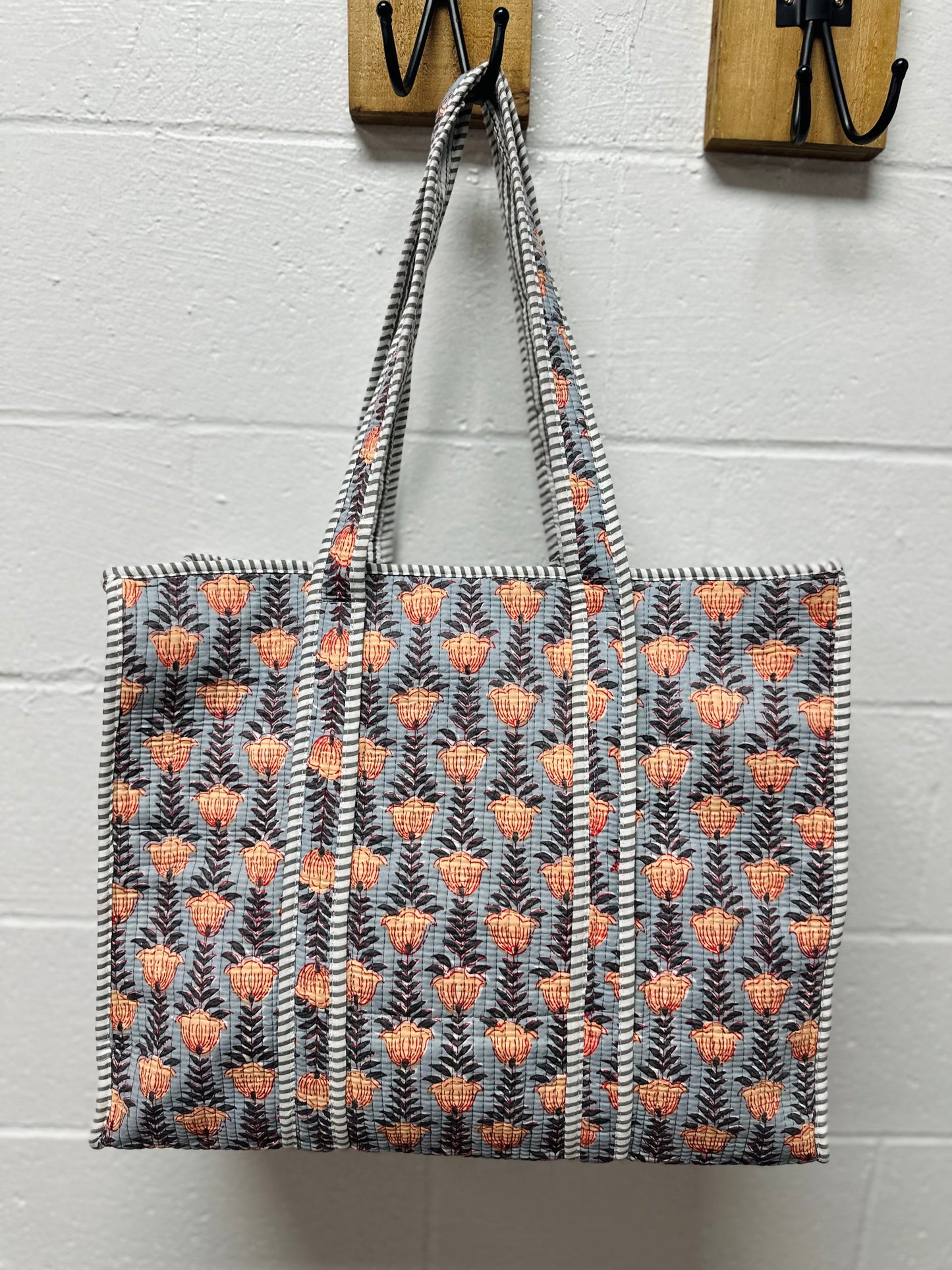 The Gray & Orange Floral Quilted Tote Bag