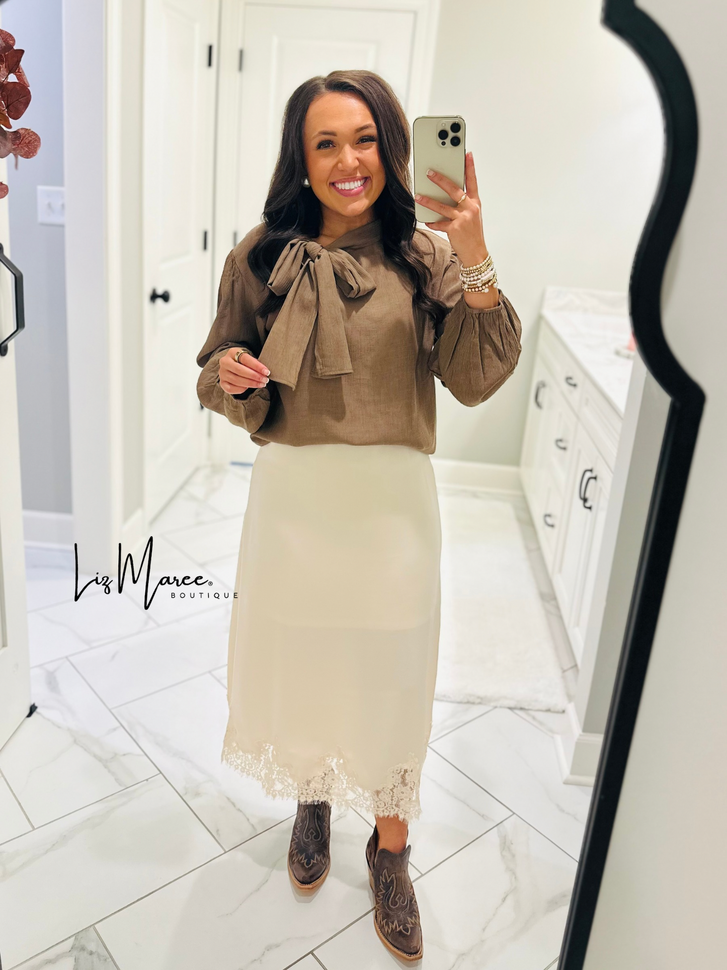 The Lorie Coco Brown Long Sleeve Bow Top