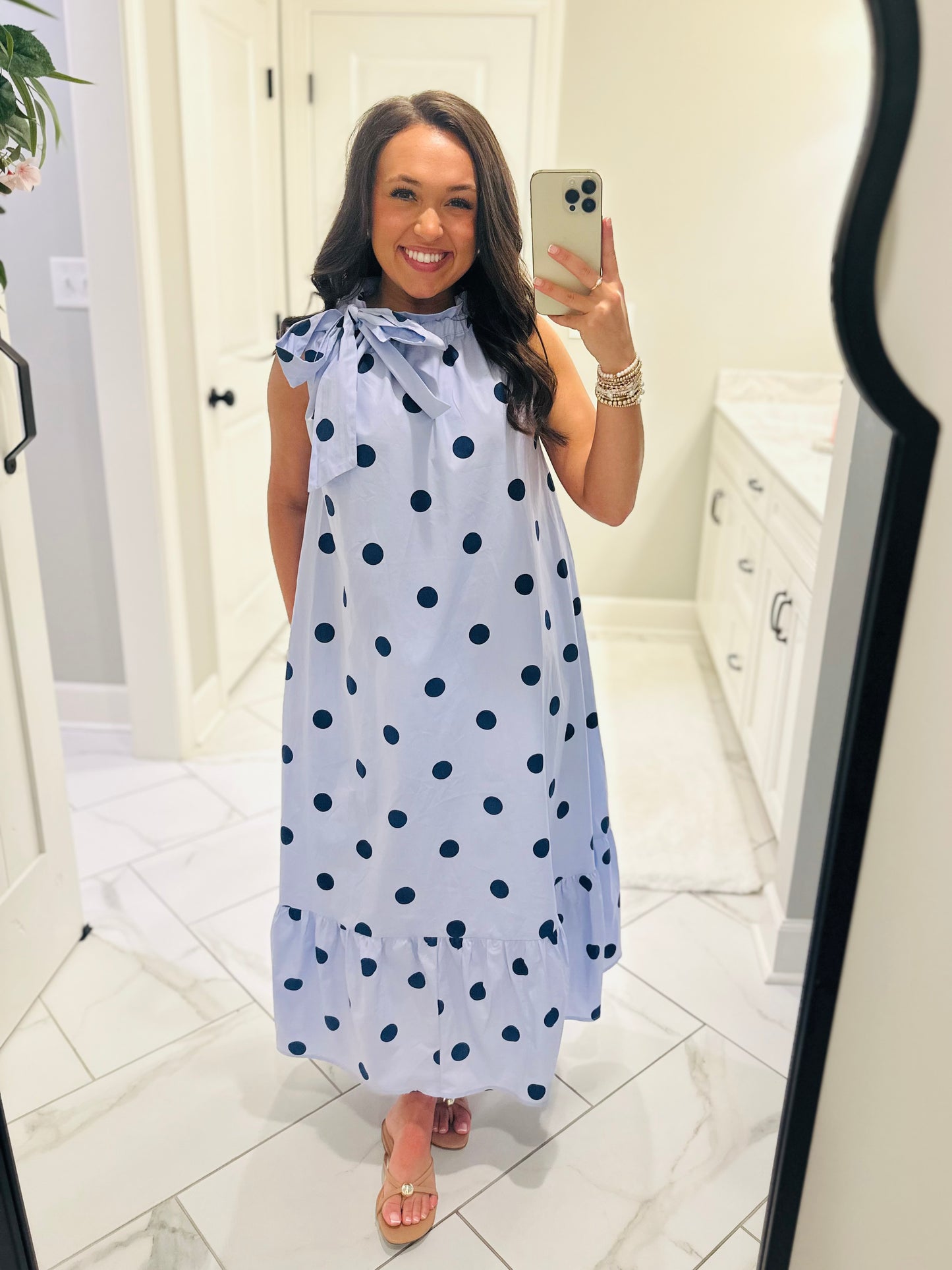 The Leighton Blue Polka Dot Neck Tie Midi Dress