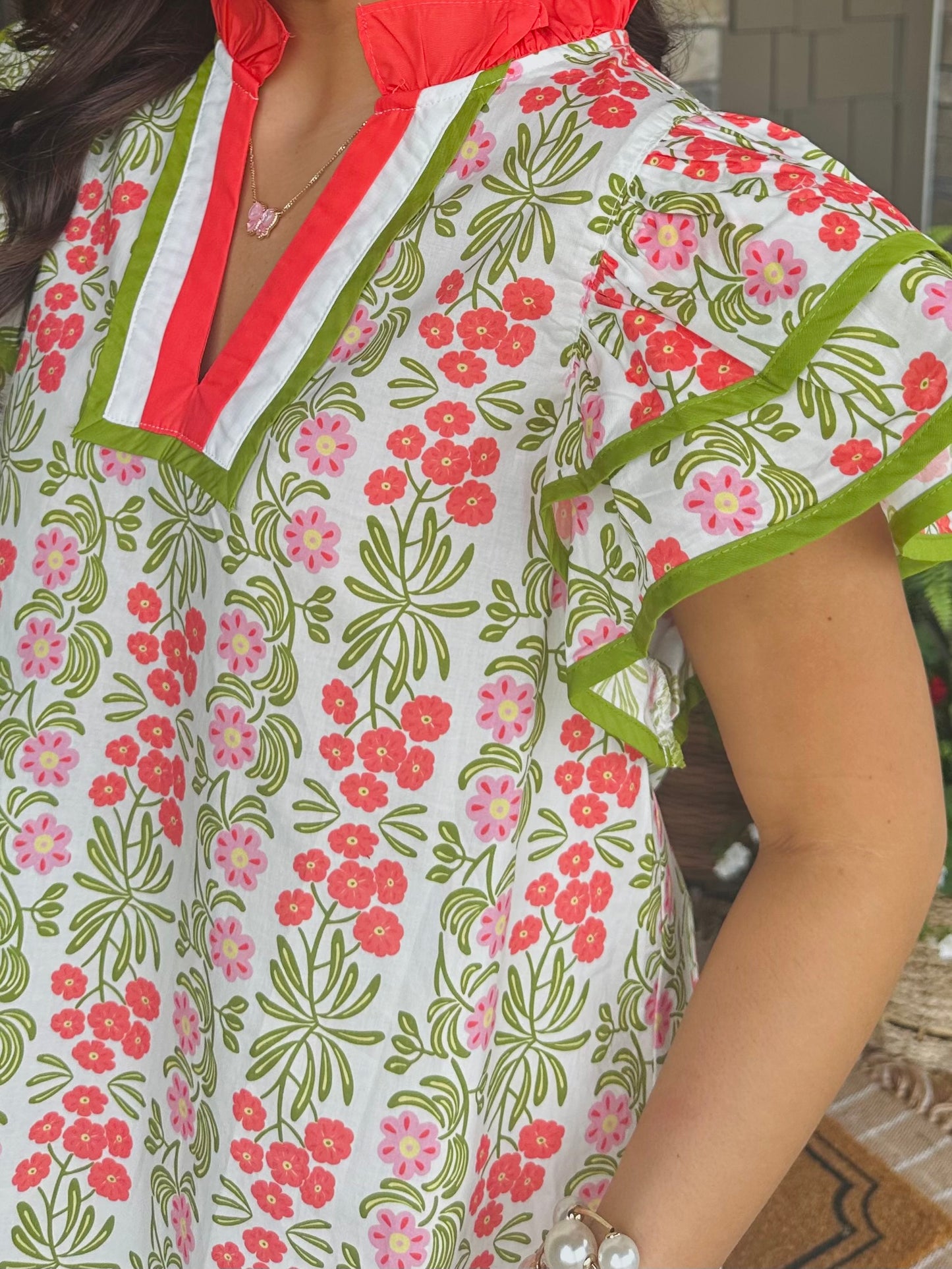 The Cora Green + Coral Floral Top