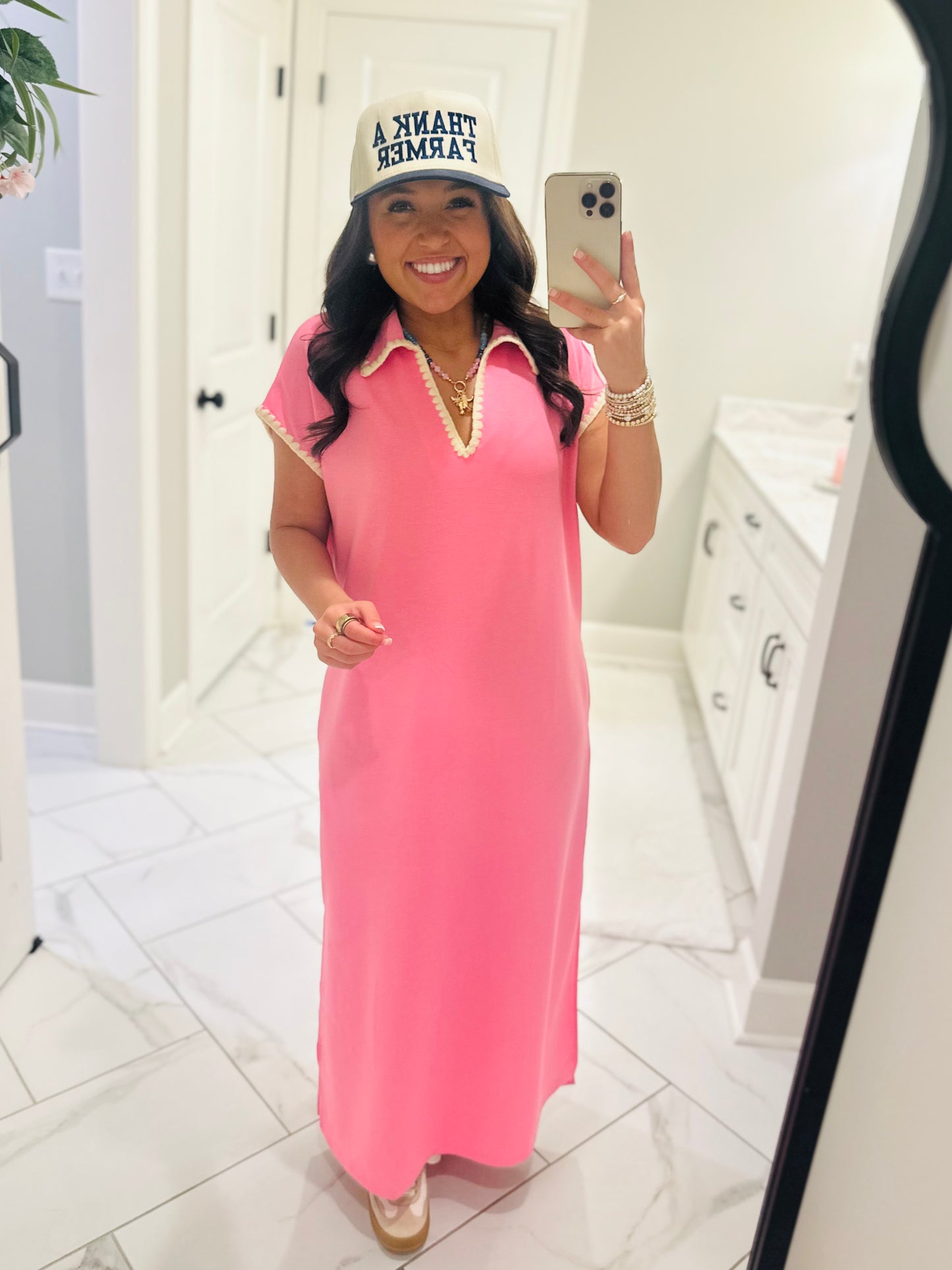 The Sarah Pink Collared Stitch Midi Dress