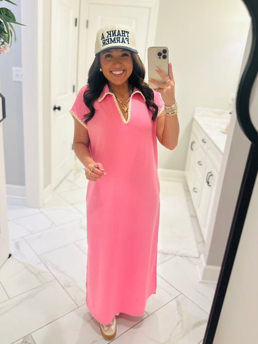 The Sarah Pink Collared Stitch Midi Dress