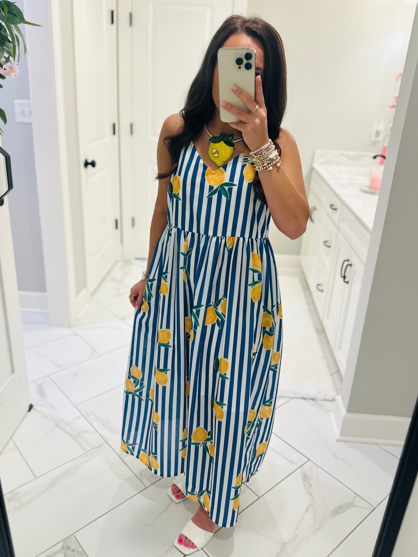 The Cass Blue Striped Lemon Midi Dress