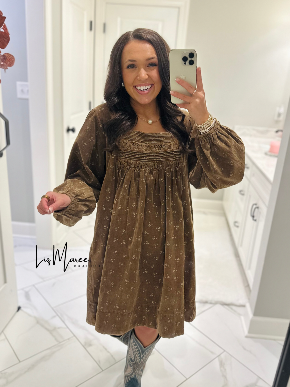 The Cassie Dark Camel Floral Corduroy Dress
