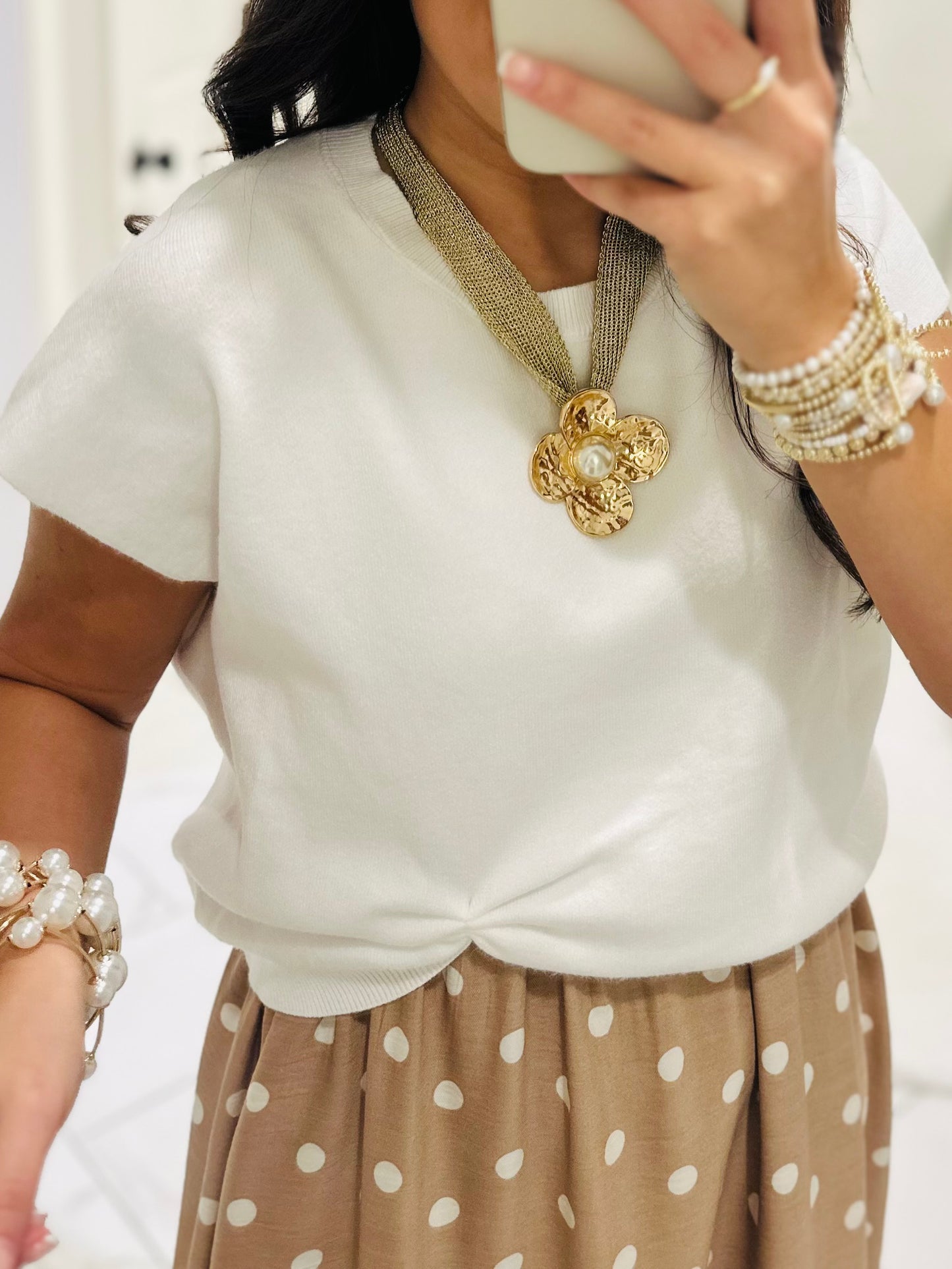 The Lennon Cream Tan Layered Polka Dot Midi Dress