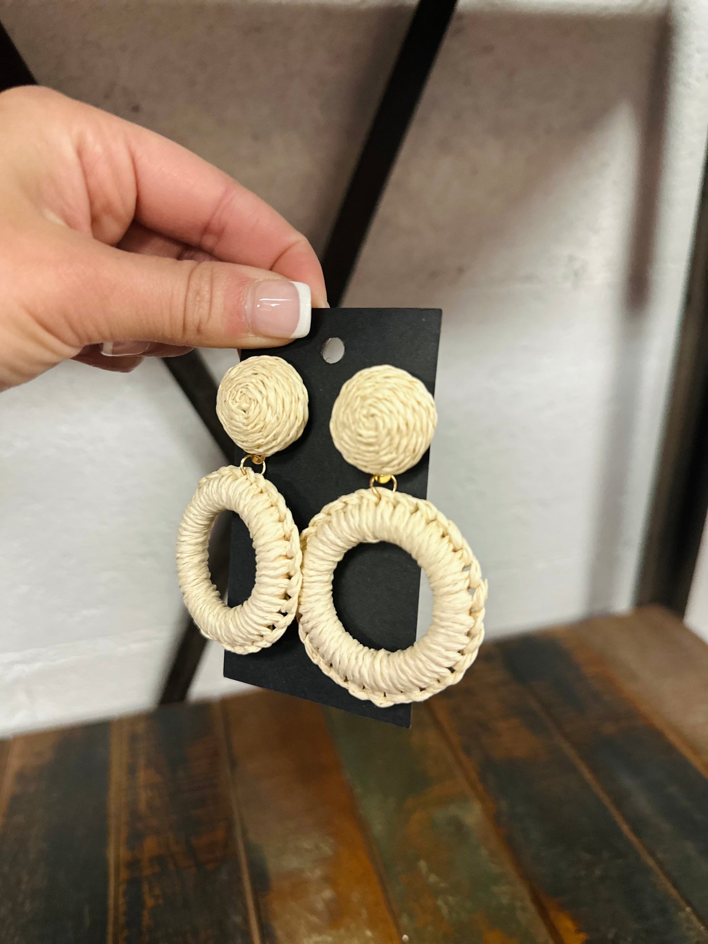 Ivory Rattan Wrapped Circle Drop Earrings