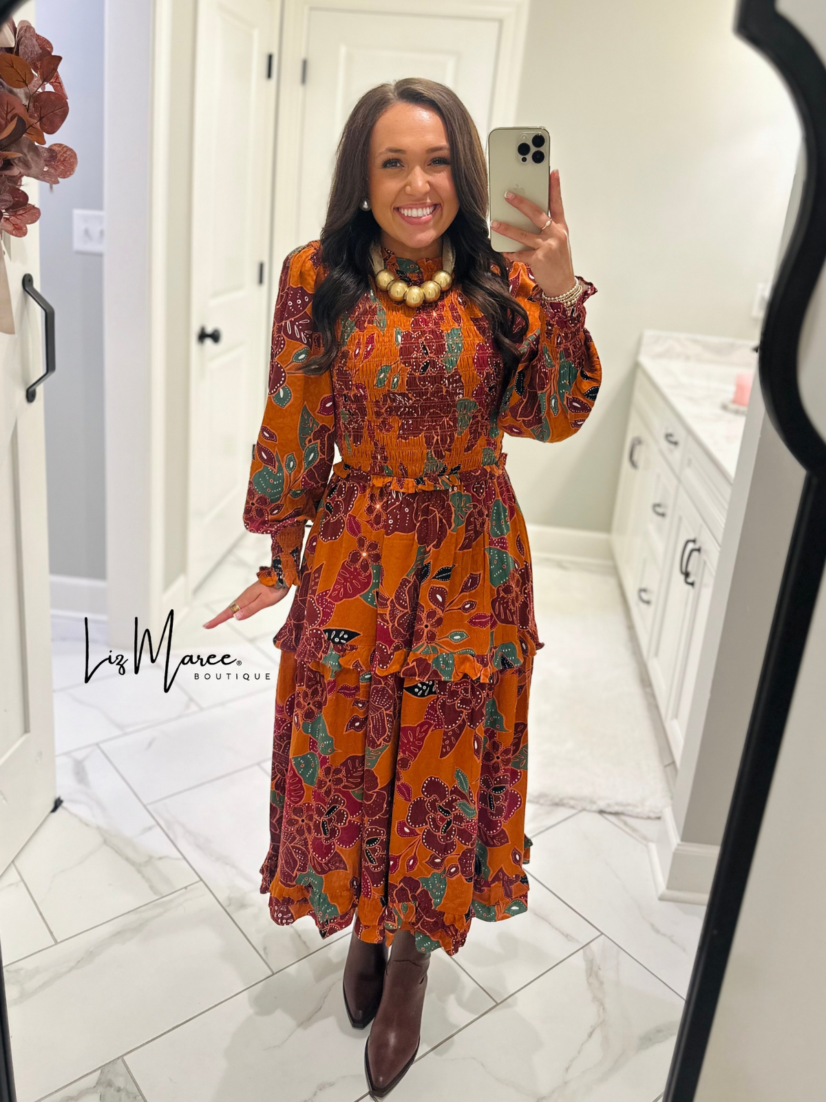 The Marven Rust Brown Floral Smocked Midi Dress