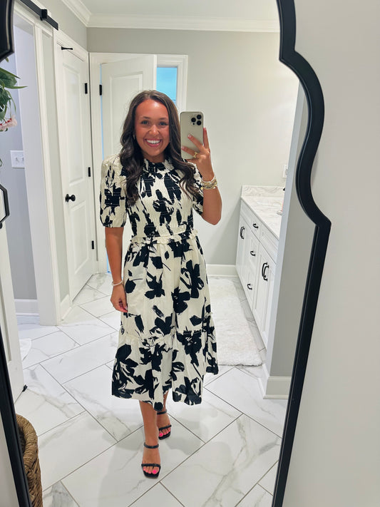 The Eloise Black + White Floral Smocked Midi Dress