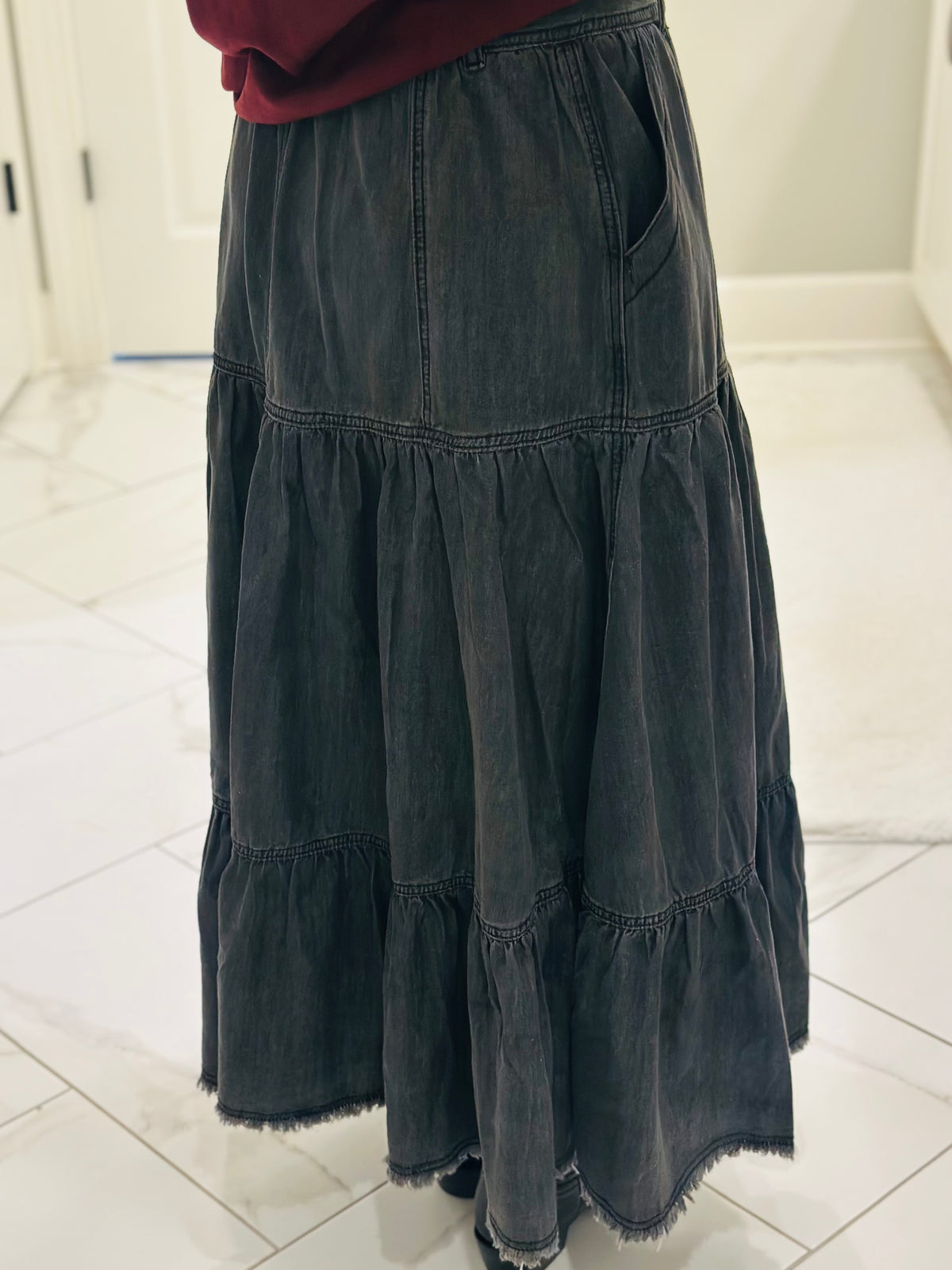 The Callie Black Denim Tiered Midi Skirt