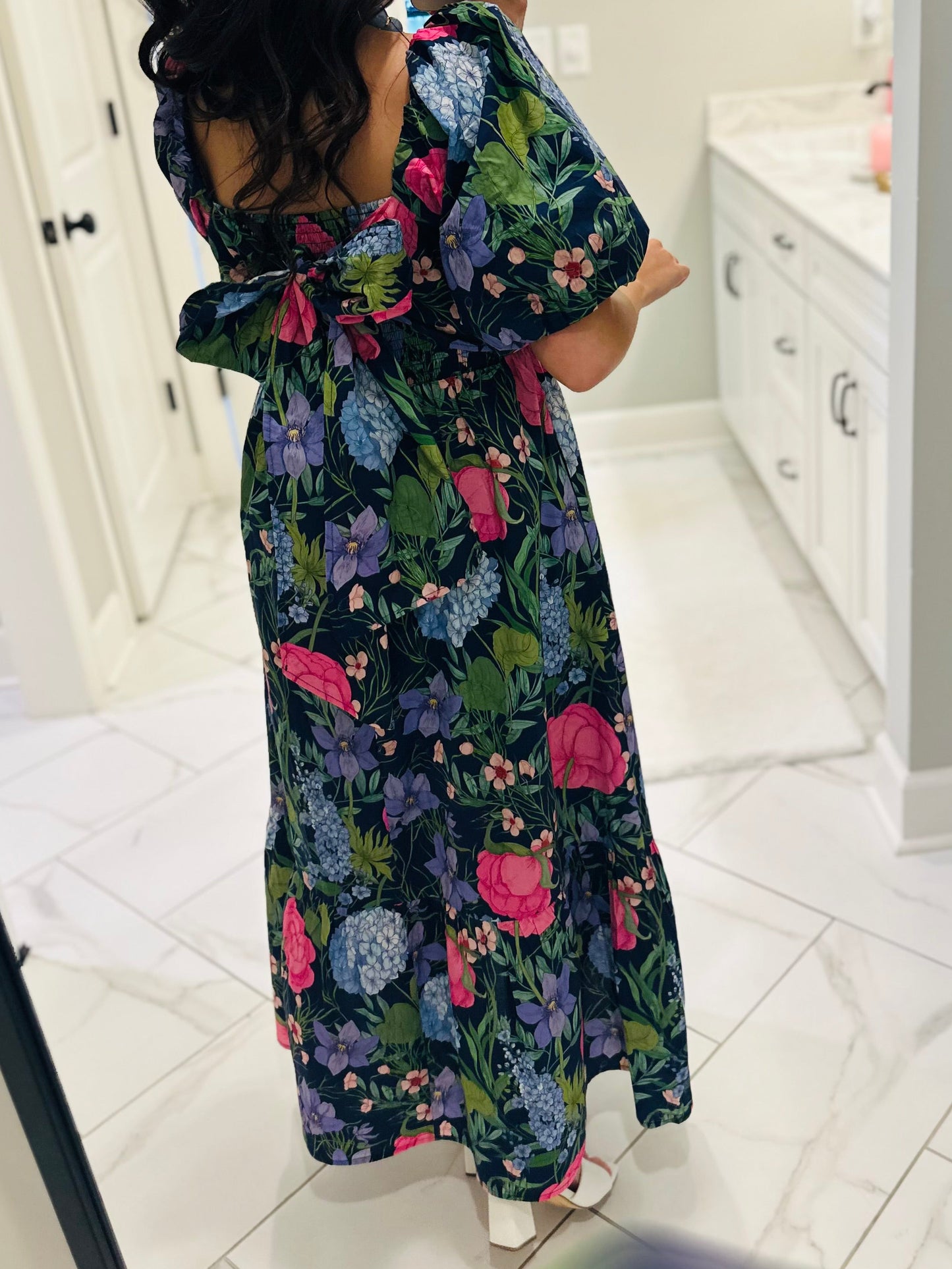 The Danyale Navy Floral Bow Midi Dress