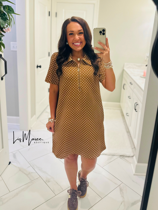 The Hadley Caramel Brown Polka Dot Quarter Zip Dress