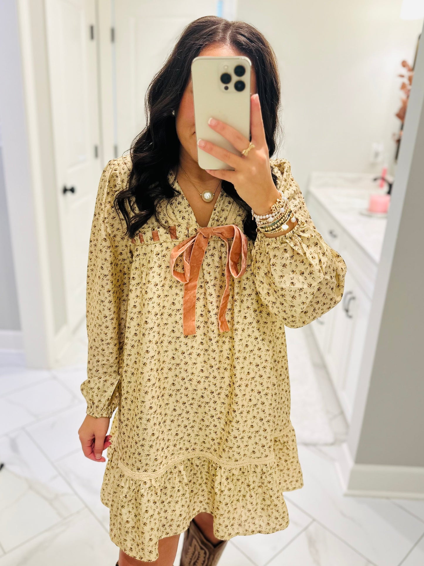 The Rhea Cream Floral Long Sleeve Bow Detail Dress