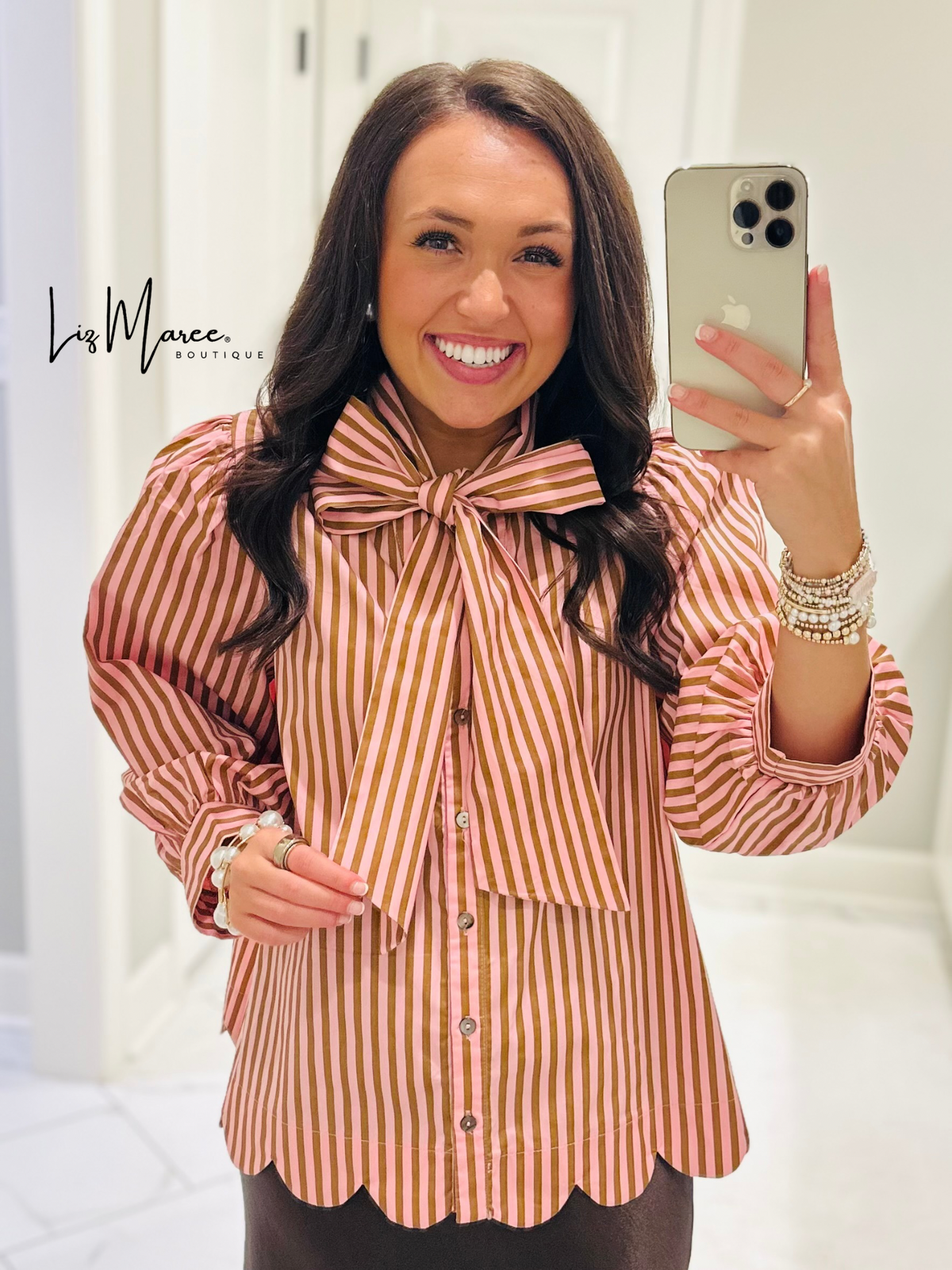 The Shelby Pink + Brown Striped Bow Top