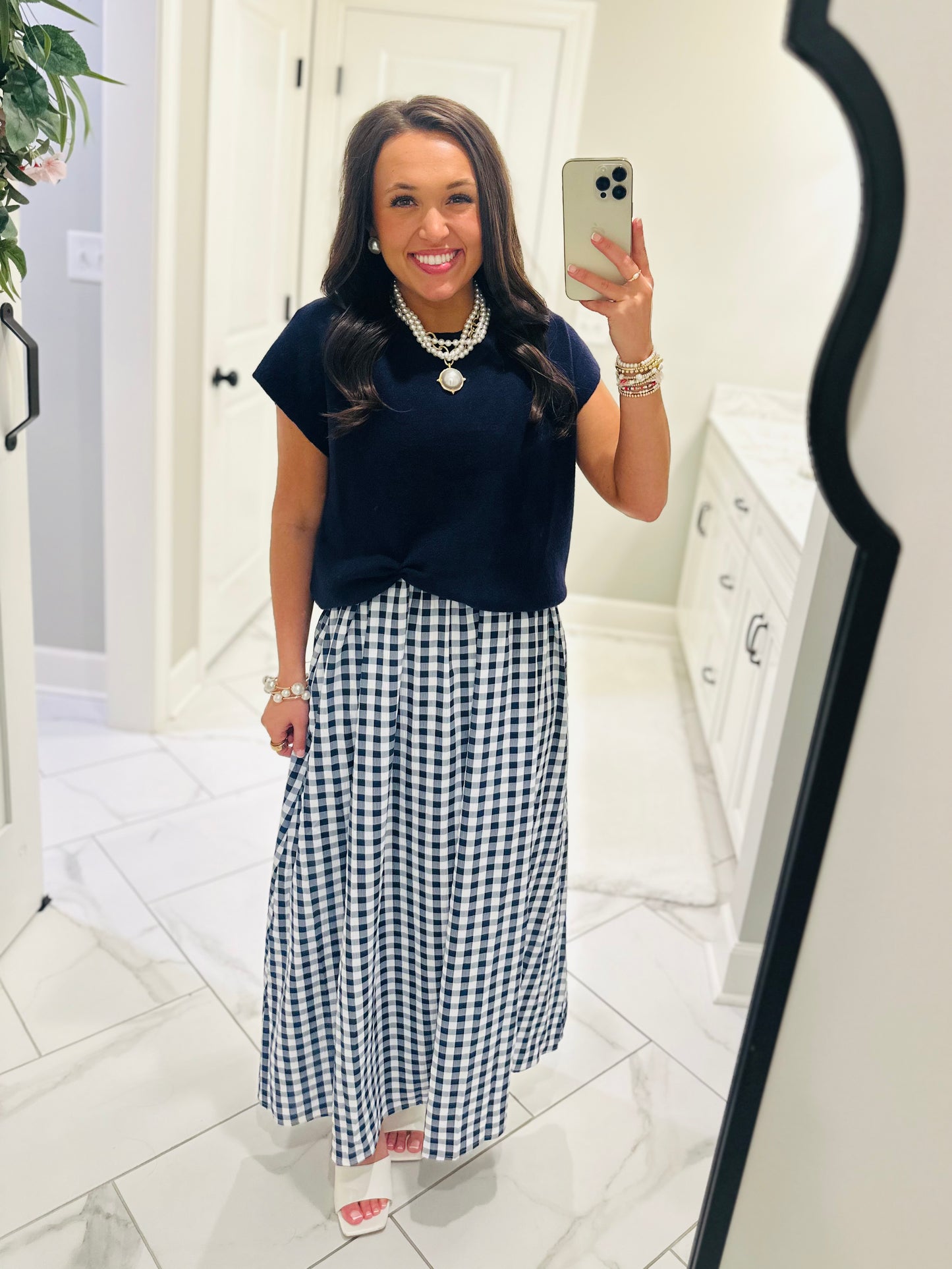 The Chloe Navy Layered Gingham Midi Dress