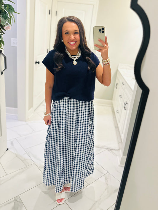 The Chloe Navy Layered Gingham Midi Dress