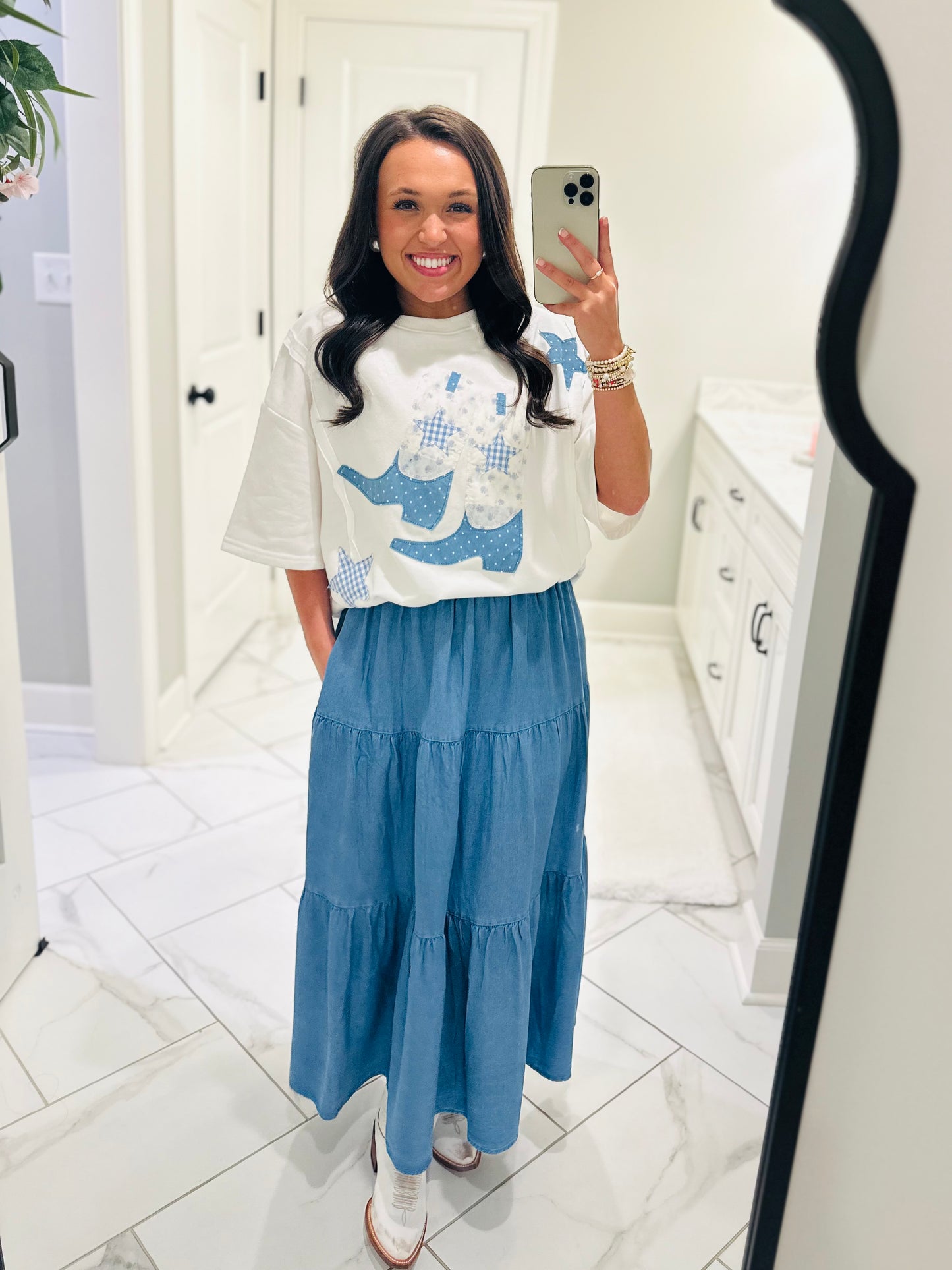 The Light Wash Denim Chambray Tiered Maxi Skirt