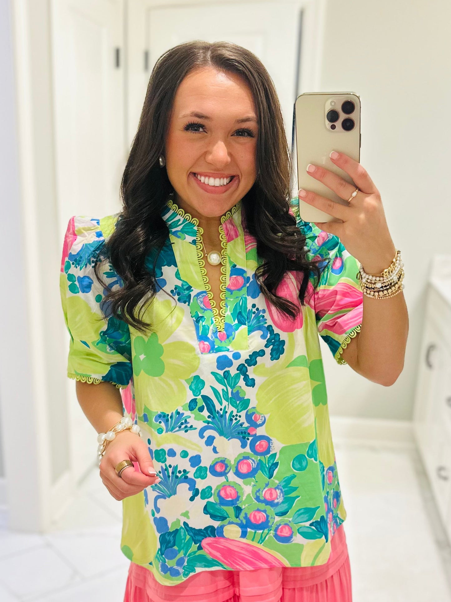 The Remi Lime Green Floral Scallop Trim Top